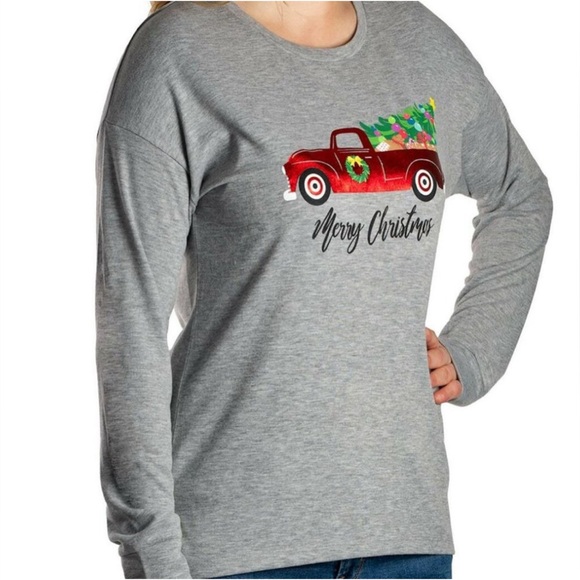 NWT Modern Canvas Gray Merry Christmas Pickup Truck Tree Graphic Top Sz Various - Picture 1 of 10
